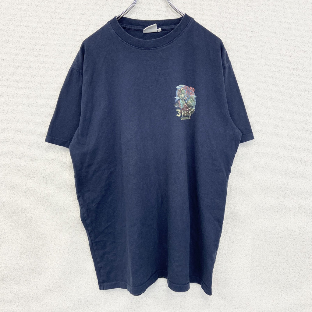 古着 used　weird fish　半袖プリントデザインTシャツ　３PIKES　CALLENGE　クルーネック　黒　Lサイズ