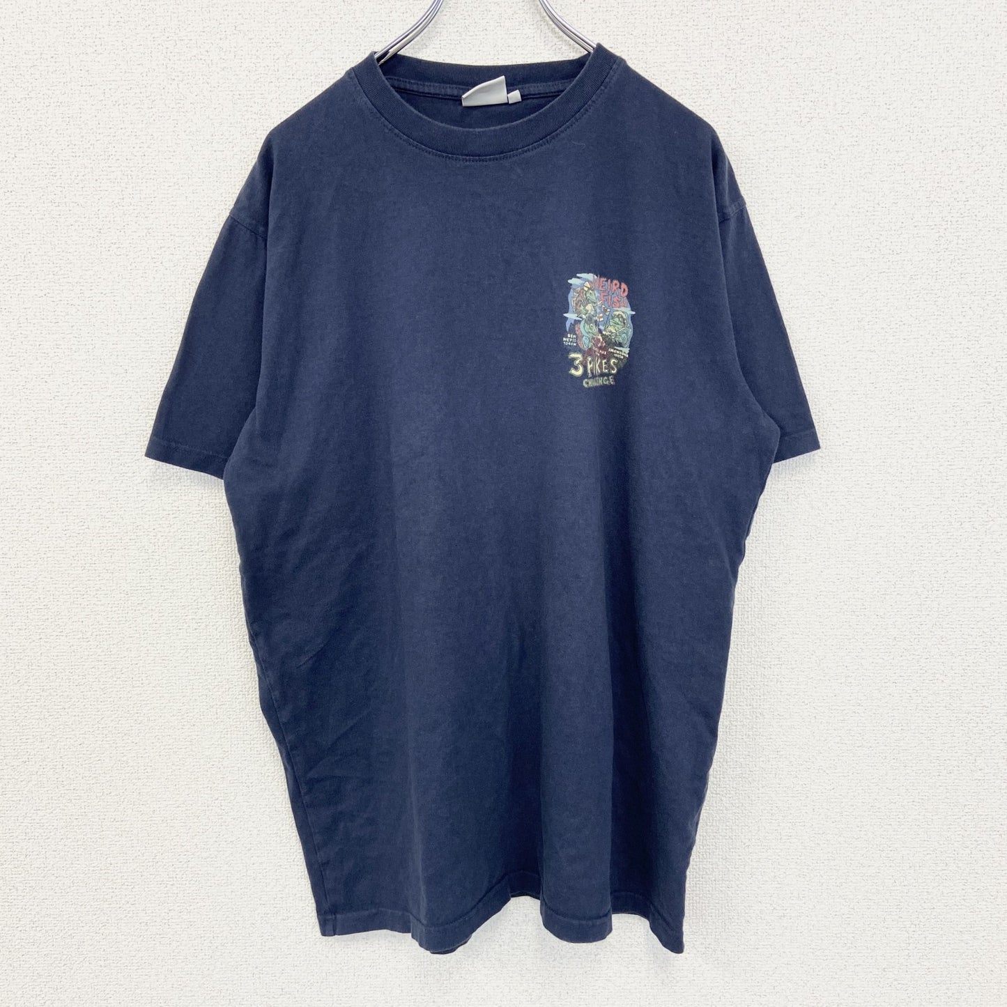 古着 used　weird fish　半袖プリントデザインTシャツ　３PIKES　CALLENGE　クルーネック　黒　Lサイズ
