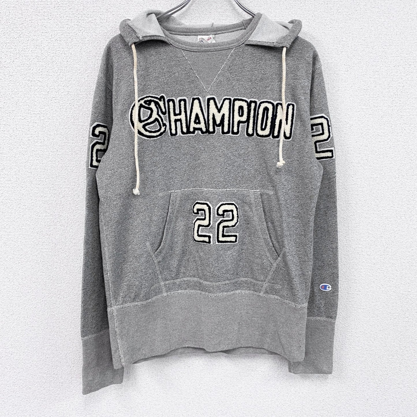 Champion　チャンピオン　ランタグ　後付けスウェットパーカー/フーディー　前V　灰色　グレー　Lサイズ