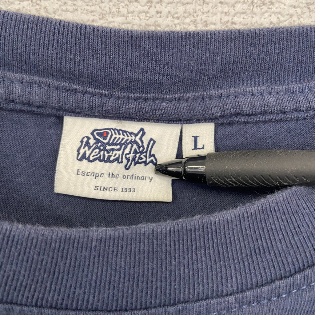古着 used　weird fish　半袖プリントデザインTシャツ　３PIKES　CALLENGE　クルーネック　黒　Lサイズ