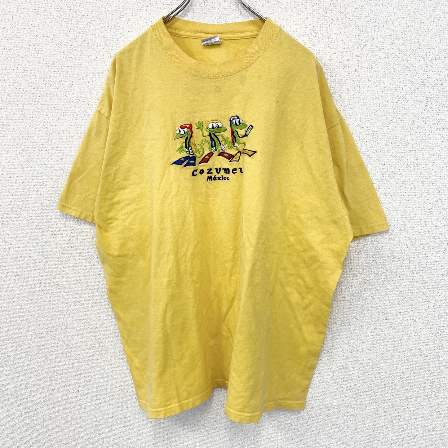古着 used　YAZBEK　半袖刺デザインTシャツ　ビッグT　Cozumel　メキシコ　クルーネック　黄色　2XLサイズ