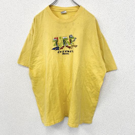 古着 used　YAZBEK　半袖刺デザインTシャツ　ビッグT　Cozumel　メキシコ　クルーネック　黄色　2XLサイズ