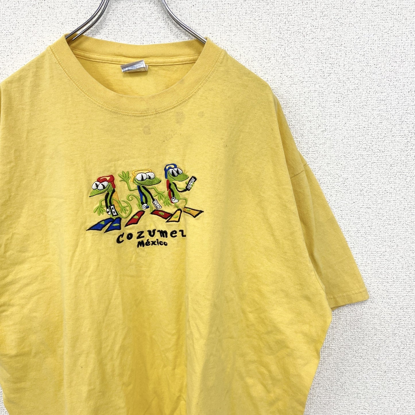 古着 used　YAZBEK　半袖刺デザインTシャツ　ビッグT　Cozumel　メキシコ　クルーネック　黄色　2XLサイズ