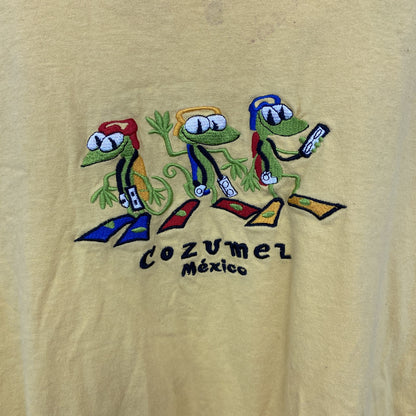 古着 used　YAZBEK　半袖刺デザインTシャツ　ビッグT　Cozumel　メキシコ　クルーネック　黄色　2XLサイズ