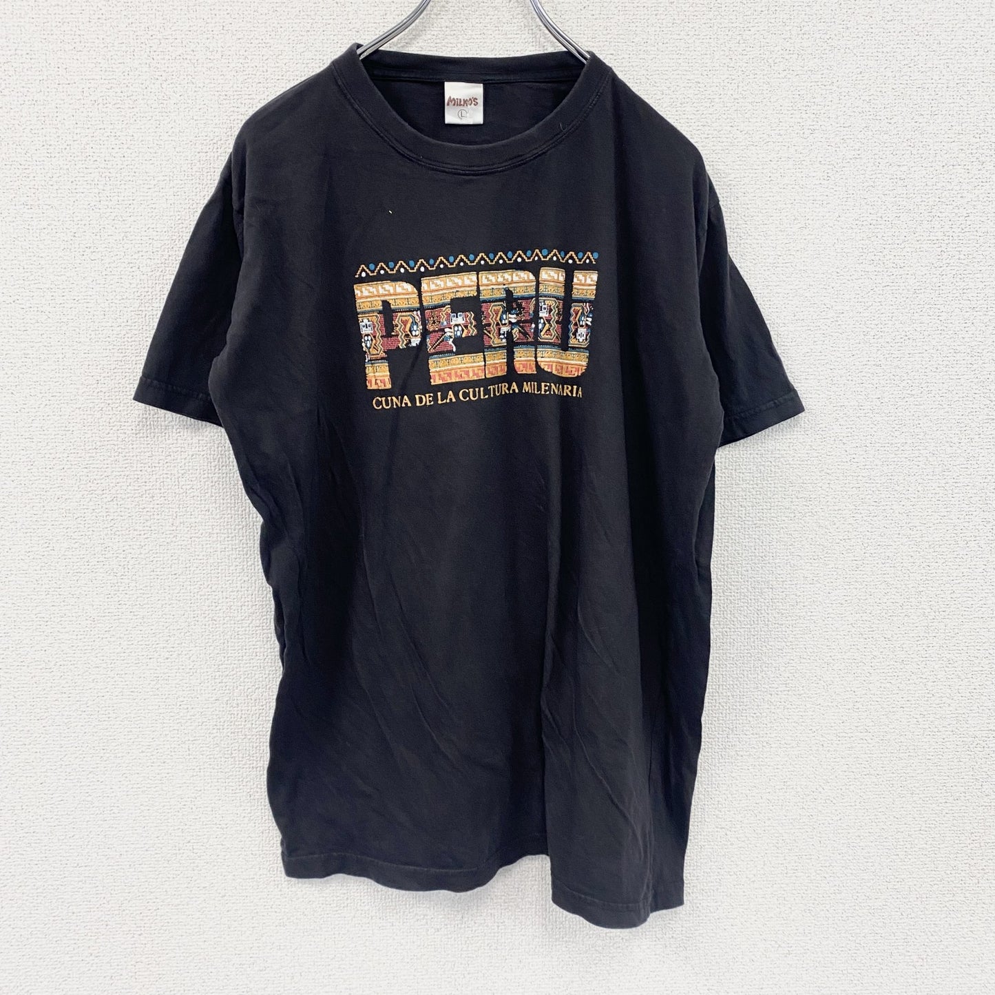 MiLKO’S　半袖プリントスーベニアTシャツ　ノルディック柄　クルーネック　黒　ブラック　Lサイズ