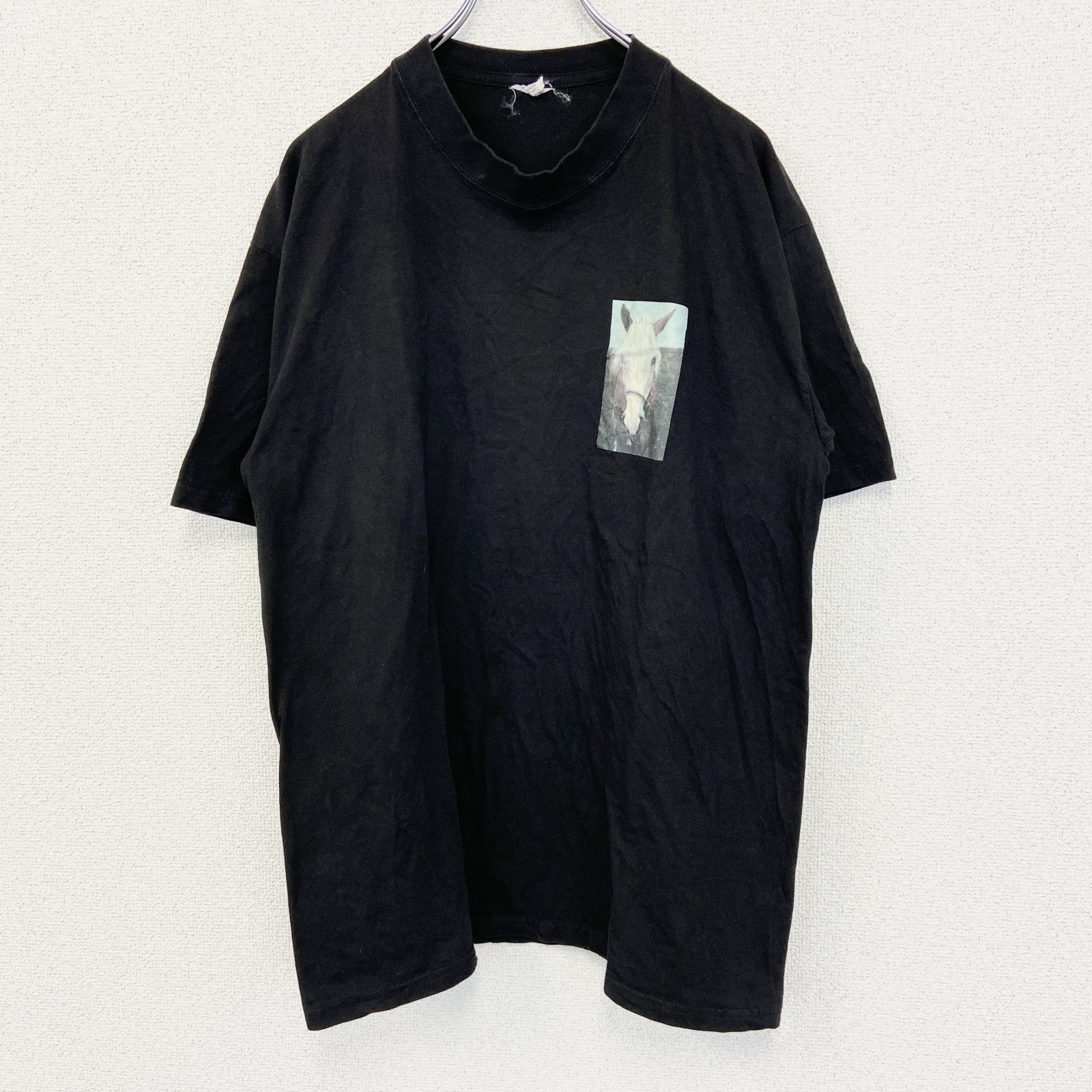 半袖プリントフォトTシャツ　ポニー　レトロ写真　両面プリント　誰やねん　クルーネック　黒　ブラック　Lサイズ