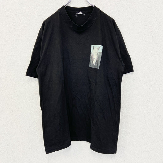 半袖プリントフォトTシャツ　ポニー　レトロ写真　両面プリント　誰やねん　クルーネック　黒　ブラック　Lサイズ