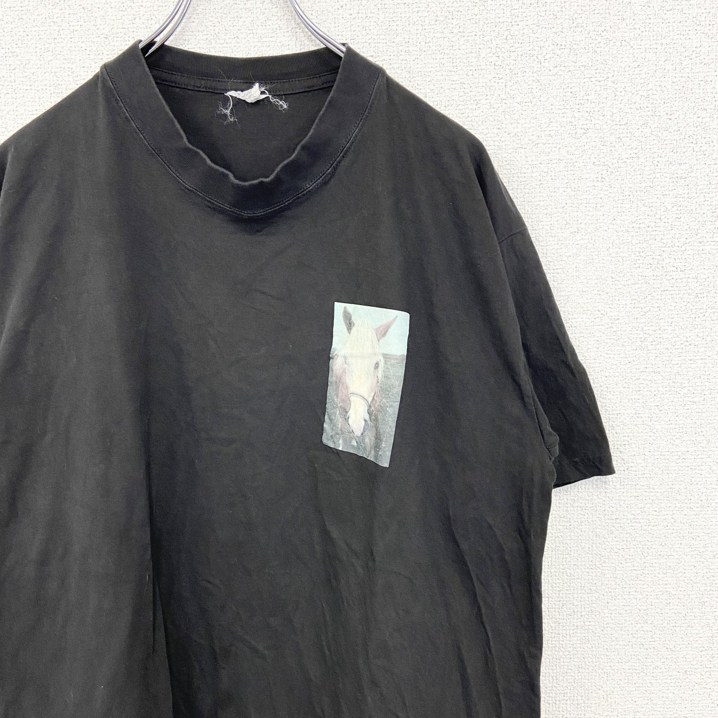 半袖プリントフォトTシャツ　ポニー　レトロ写真　両面プリント　誰やねん　クルーネック　黒　ブラック　Lサイズ