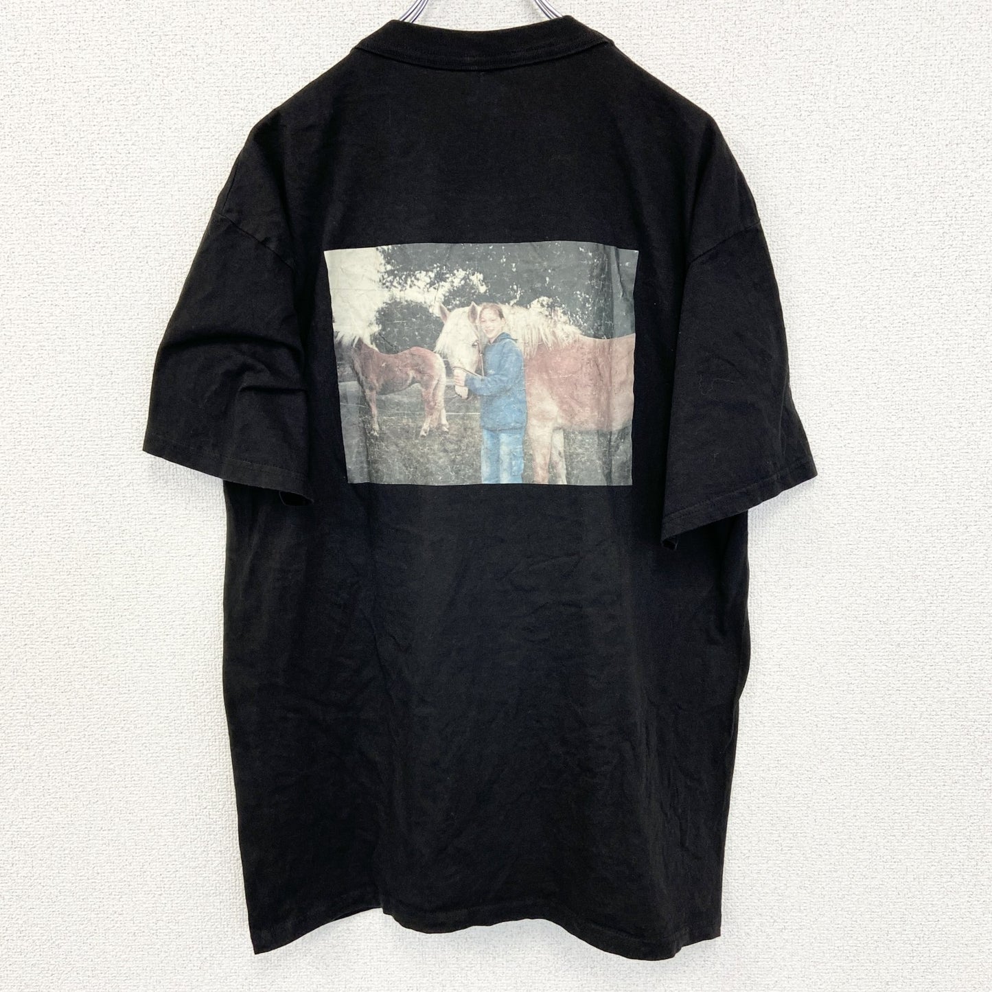 半袖プリントフォトTシャツ　ポニー　レトロ写真　両面プリント　誰やねん　クルーネック　黒　ブラック　Lサイズ