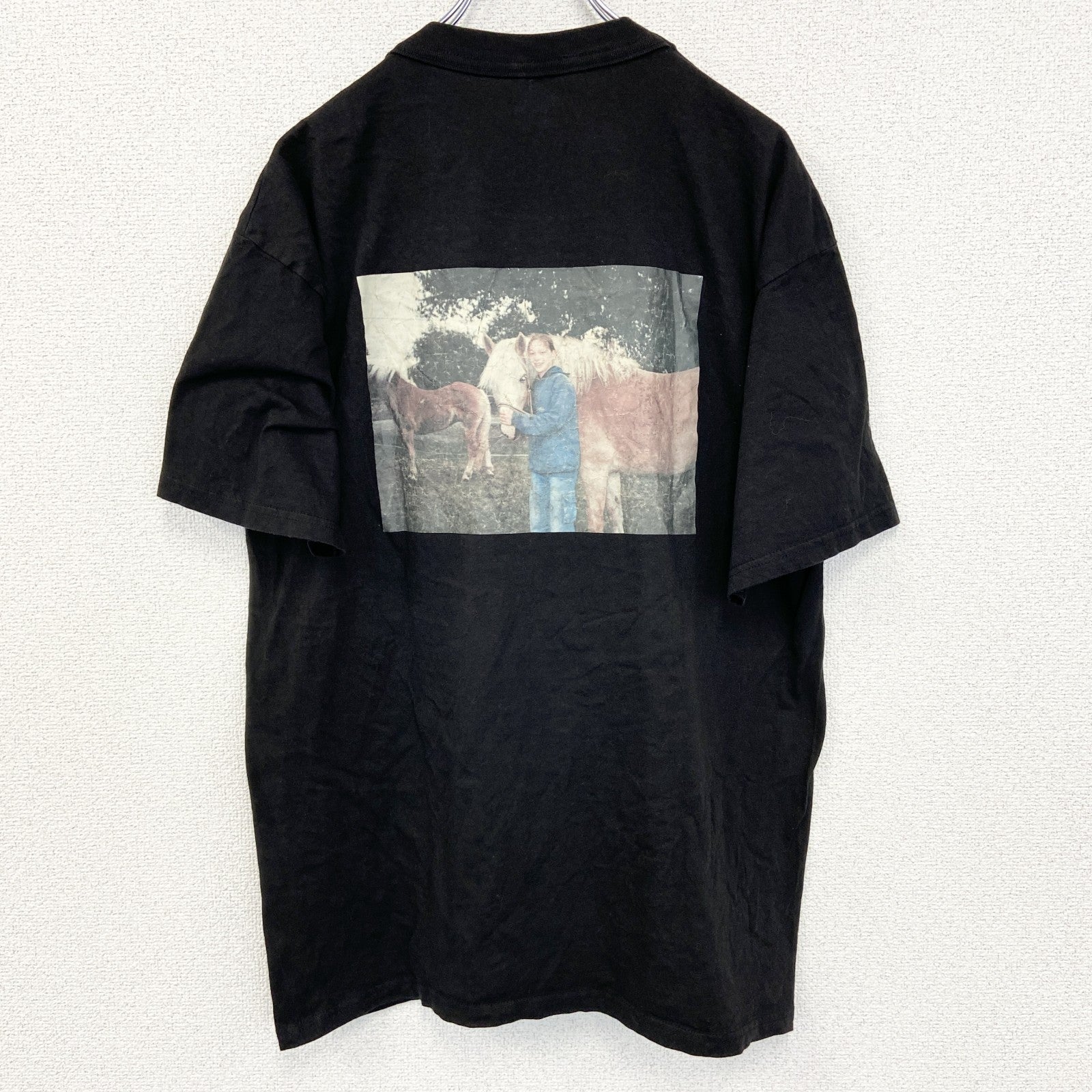 半袖プリントフォトTシャツ　ポニー　レトロ写真　両面プリント　誰やねん　クルーネック　黒　ブラック　Lサイズ