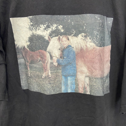 半袖プリントフォトTシャツ　ポニー　レトロ写真　両面プリント　誰やねん　クルーネック　黒　ブラック　Lサイズ