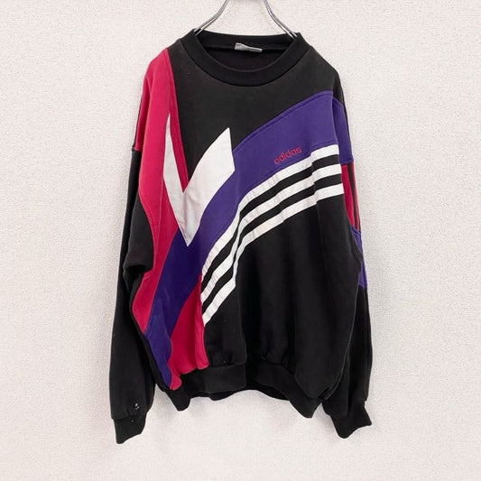 80s～　adidas　アディダス　スウェット/トレーナー　ロゴ刺繡　マルチカラー　黒　ブラック　XLサイズ