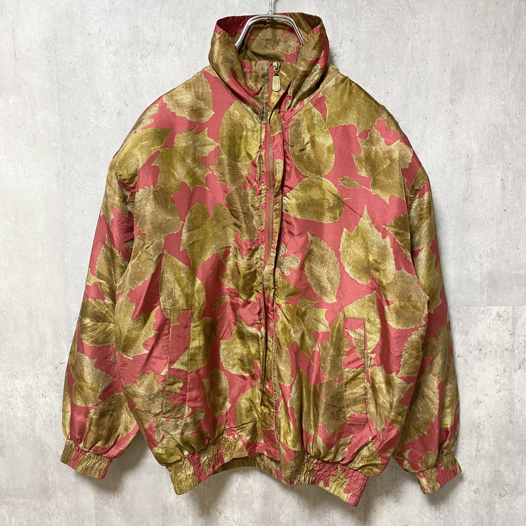 古着 used　FUDA International　長袖シルクジャケット　肩パッド付きブルゾン　総柄　ハイネック　ヴィンテージ