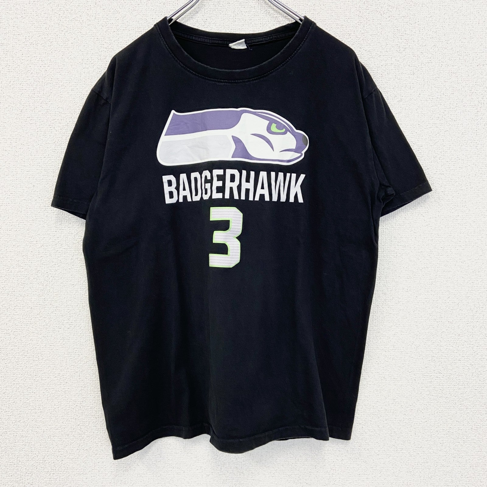 古着 used　ノーブランド　半袖デザインプリントTシャツ　BADGERHAWK　クルーネック　カジュアルデザイン　黒　Mサイズ