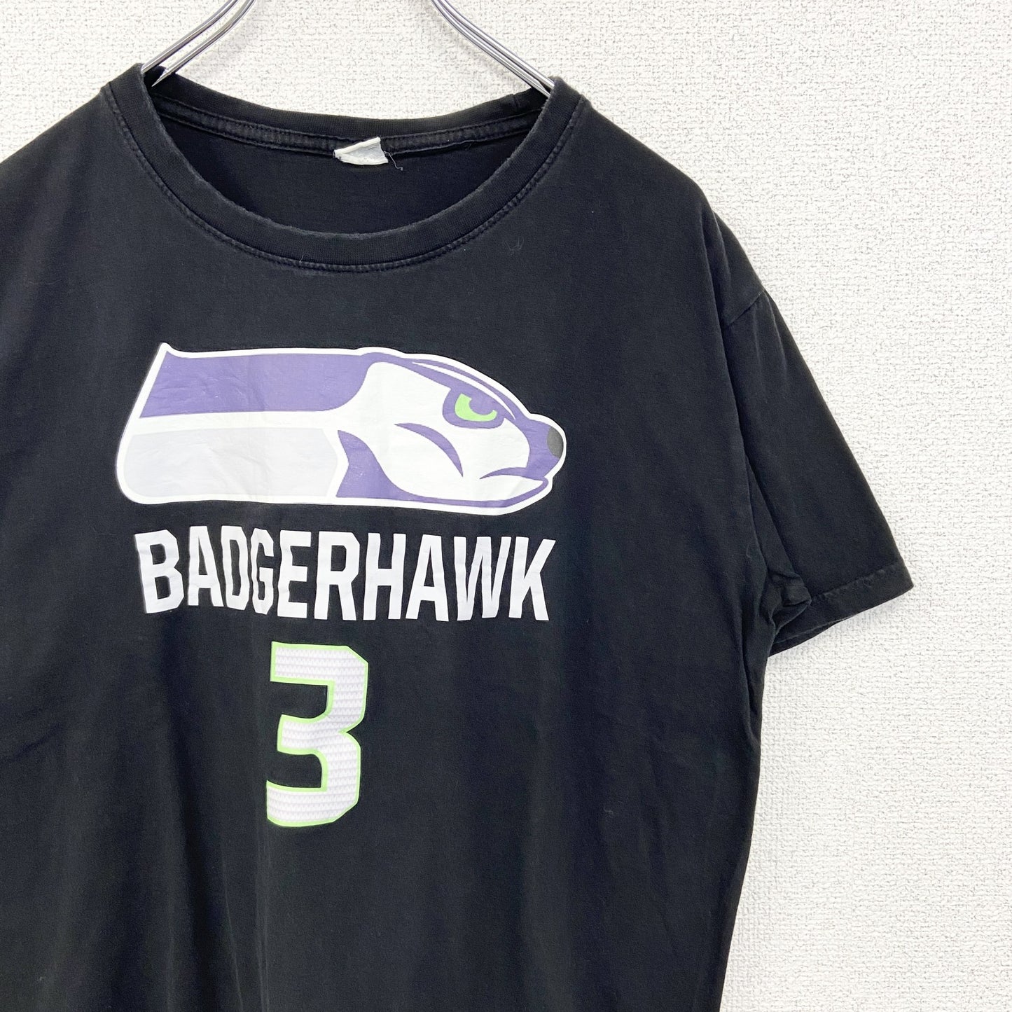 古着 used　ノーブランド　半袖デザインプリントTシャツ　BADGERHAWK　クルーネック　カジュアルデザイン　黒　Mサイズ