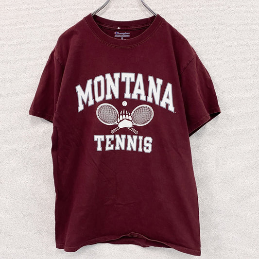 Champion　チャンピオン　半袖プリントTシャツ　3連プリント　アーチプリント　刺繍ロゴ　現行　ワインレッド　Mサイズ
