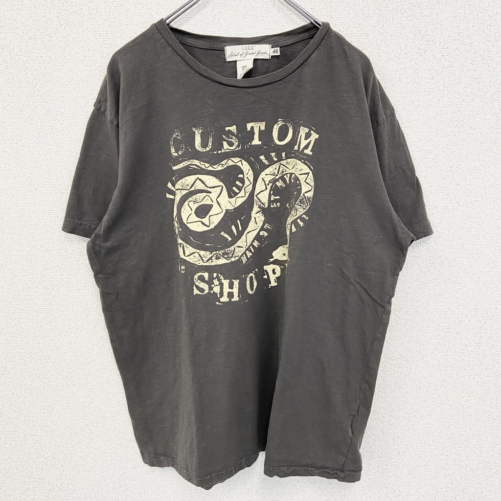古着 used　H&M 　半袖ダメージデザインプリントTシャツ　CUSTTOM SHOP　クルーネック　灰色　XLサイズ