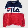 古着　used　FILA　フィラ　パーカー　プルオーバー　裏起毛　ブランドロゴ　レトロ　トリコロール　赤　白　青　Sサイズ