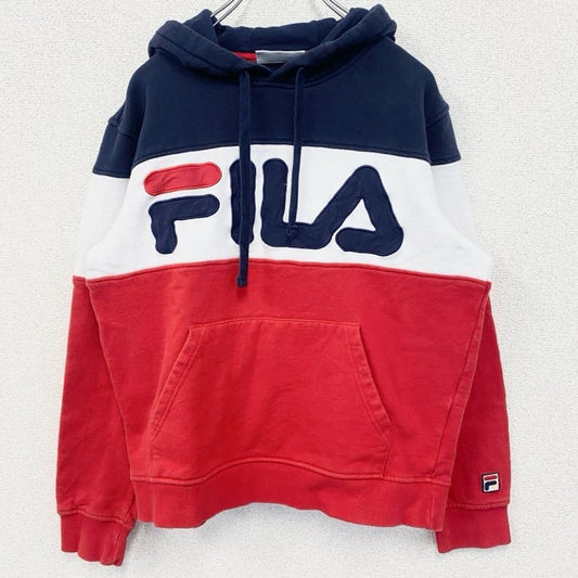 古着　used　FILA　フィラ　パーカー　プルオーバー　裏起毛　ブランドロゴ　レトロ　トリコロール　赤　白　青　Sサイズ