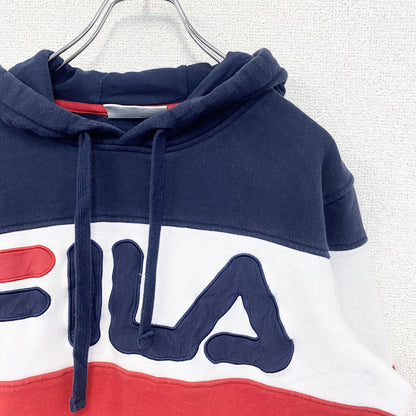 古着　used　FILA　フィラ　パーカー　プルオーバー　裏起毛　ブランドロゴ　レトロ　トリコロール　赤　白　青　Sサイズ