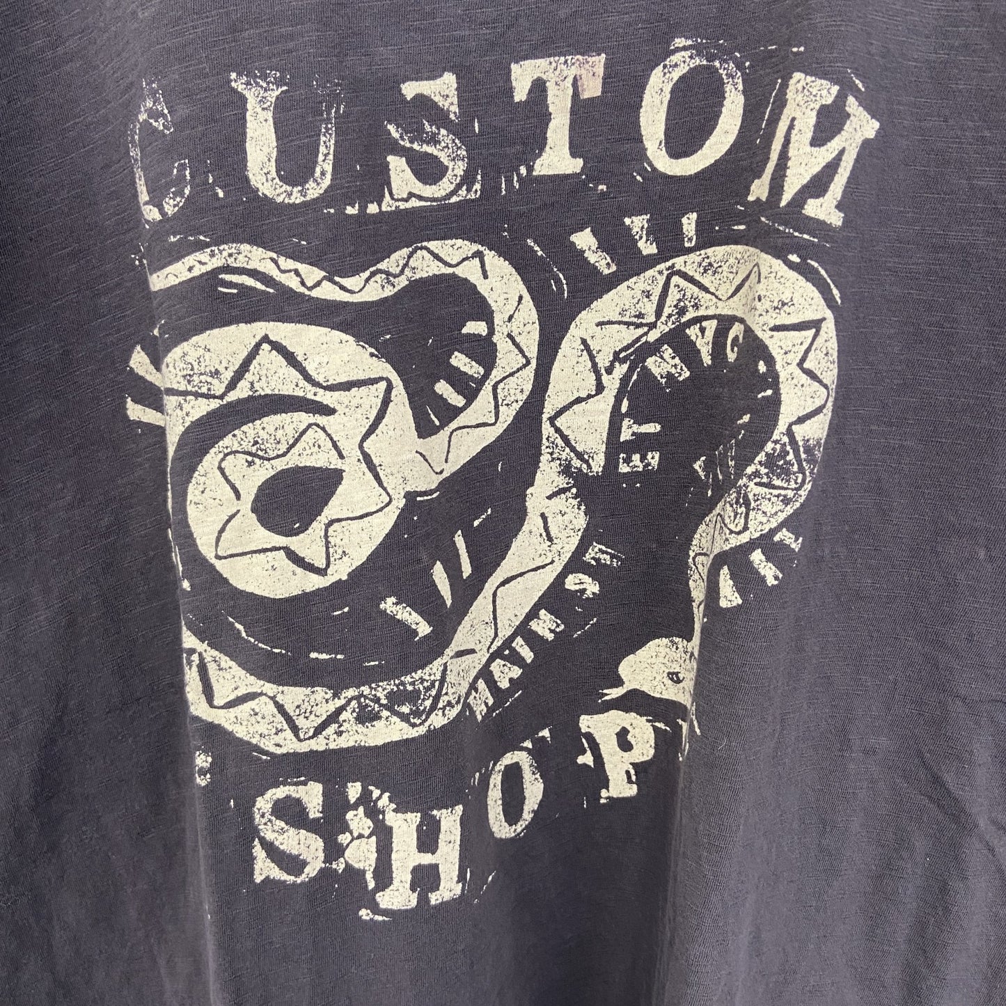 古着 used　H&M 　半袖ダメージデザインプリントTシャツ　CUSTTOM SHOP　クルーネック　灰色　XLサイズ
