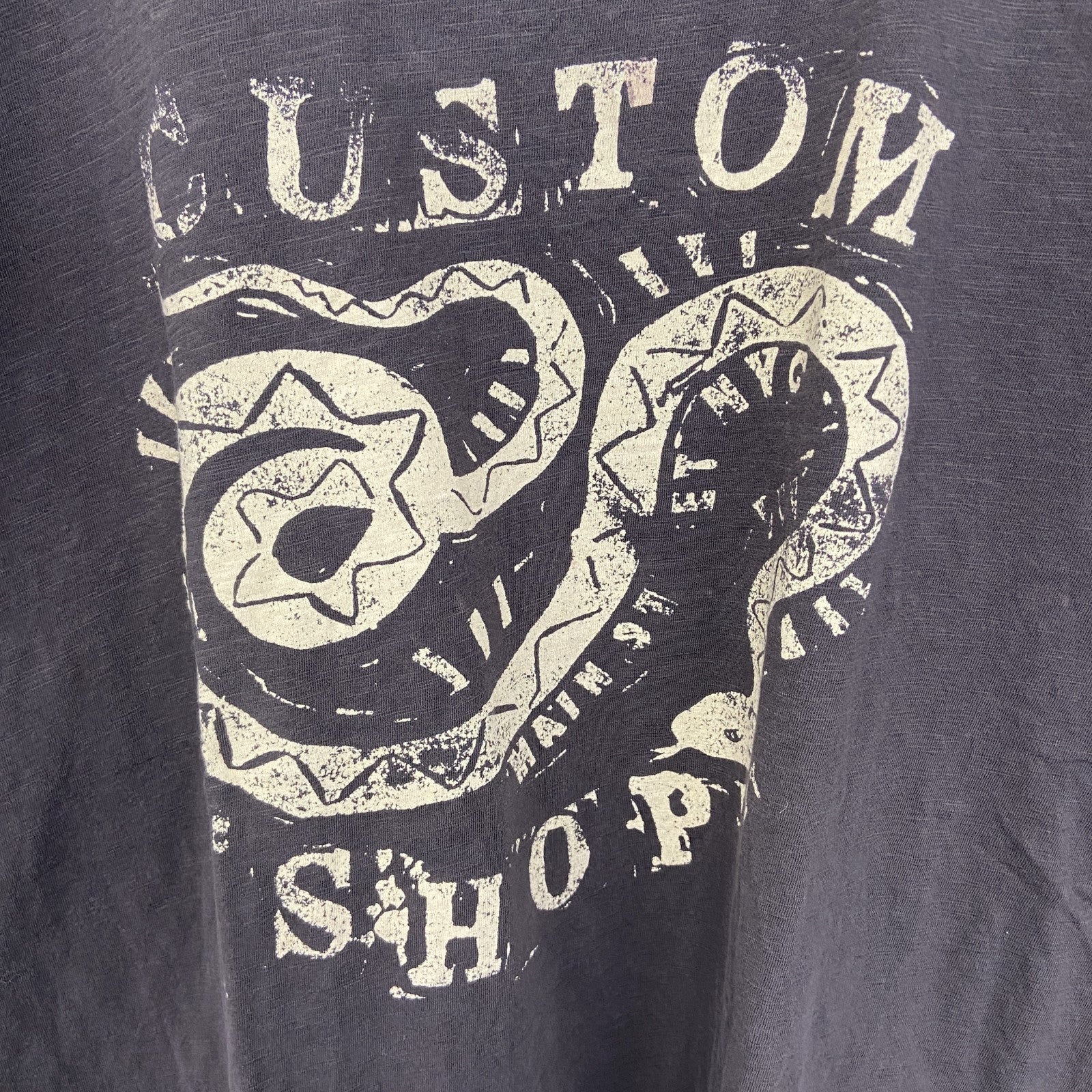 古着 used　H&M 　半袖ダメージデザインプリントTシャツ　CUSTTOM SHOP　クルーネック　灰色　XLサイズ