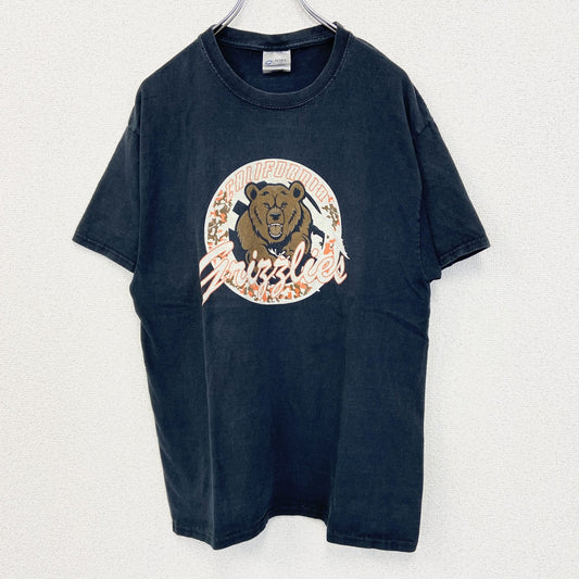 着 used　PORT＆COMPANY　半袖デザインプリントTシャツ　ビッグT　熊　クルーネック　カジュアル　黒　Lサイズ
