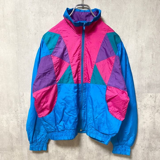 古着 used　BASIC OUTLOOK　長袖ナイロンジャケット　マルチカラー　水色　カラフル　ヴィンテージ　Lサイズ