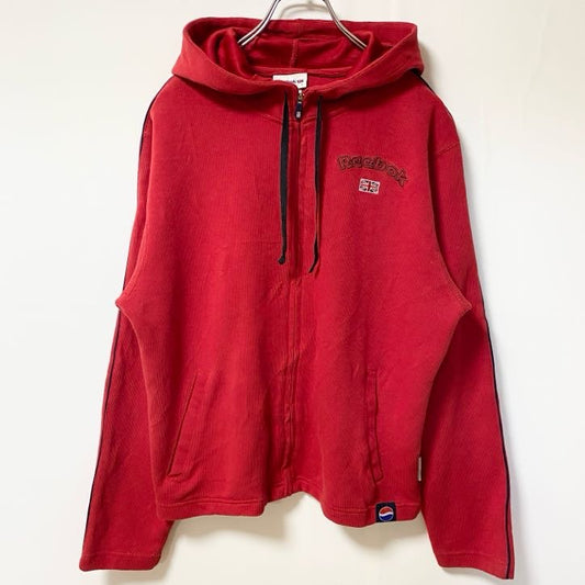 古着 used　Reebok リーボック　長袖ワンポイントロゴ刺繍パーカー　フルジップ　ペプシタグ　赤　レッド　XLサイズ