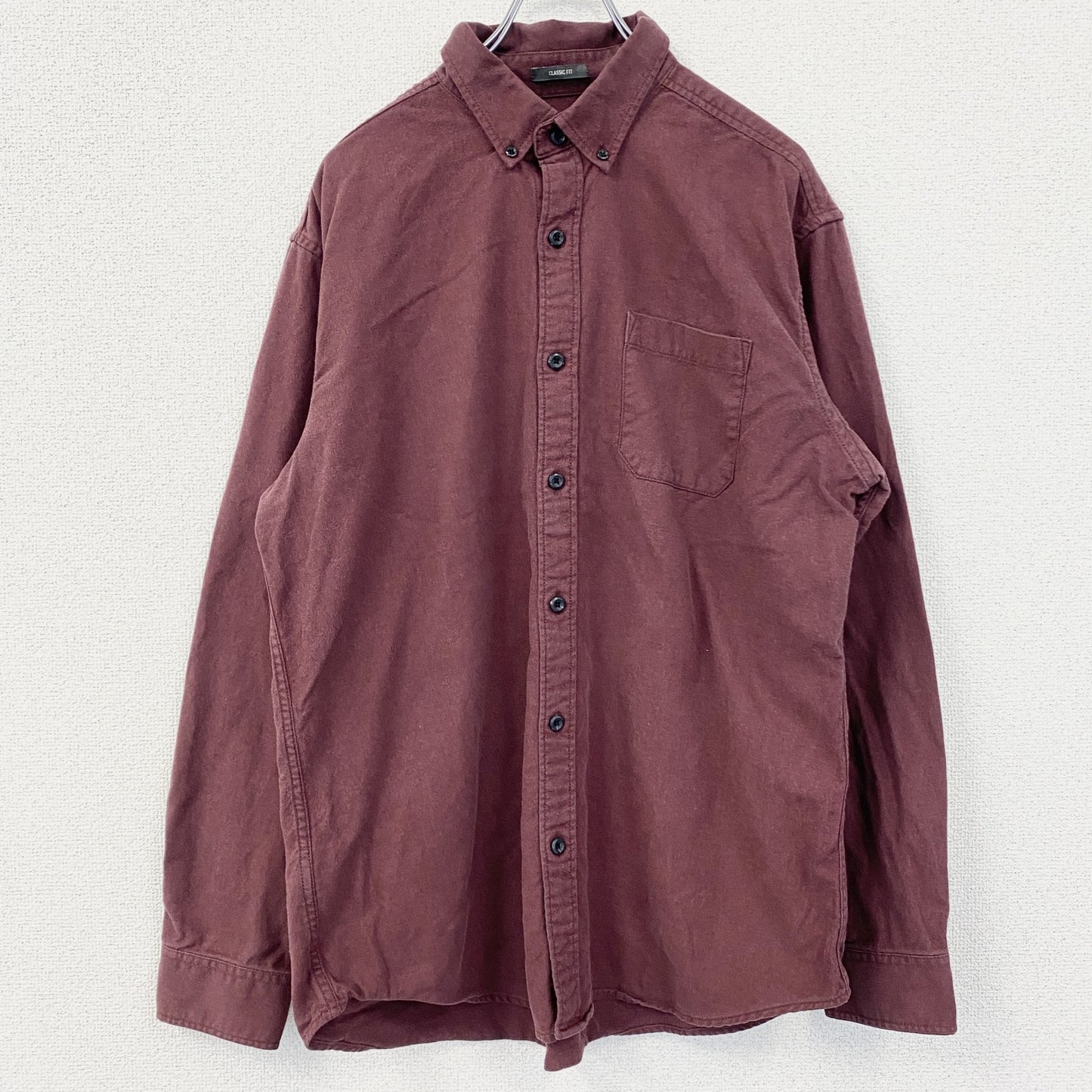 古着 used　Eddie Bauer　エディーバウアー　長袖襟付き無地シャツ　胸ポケット　ワインレッド　Lサイズ