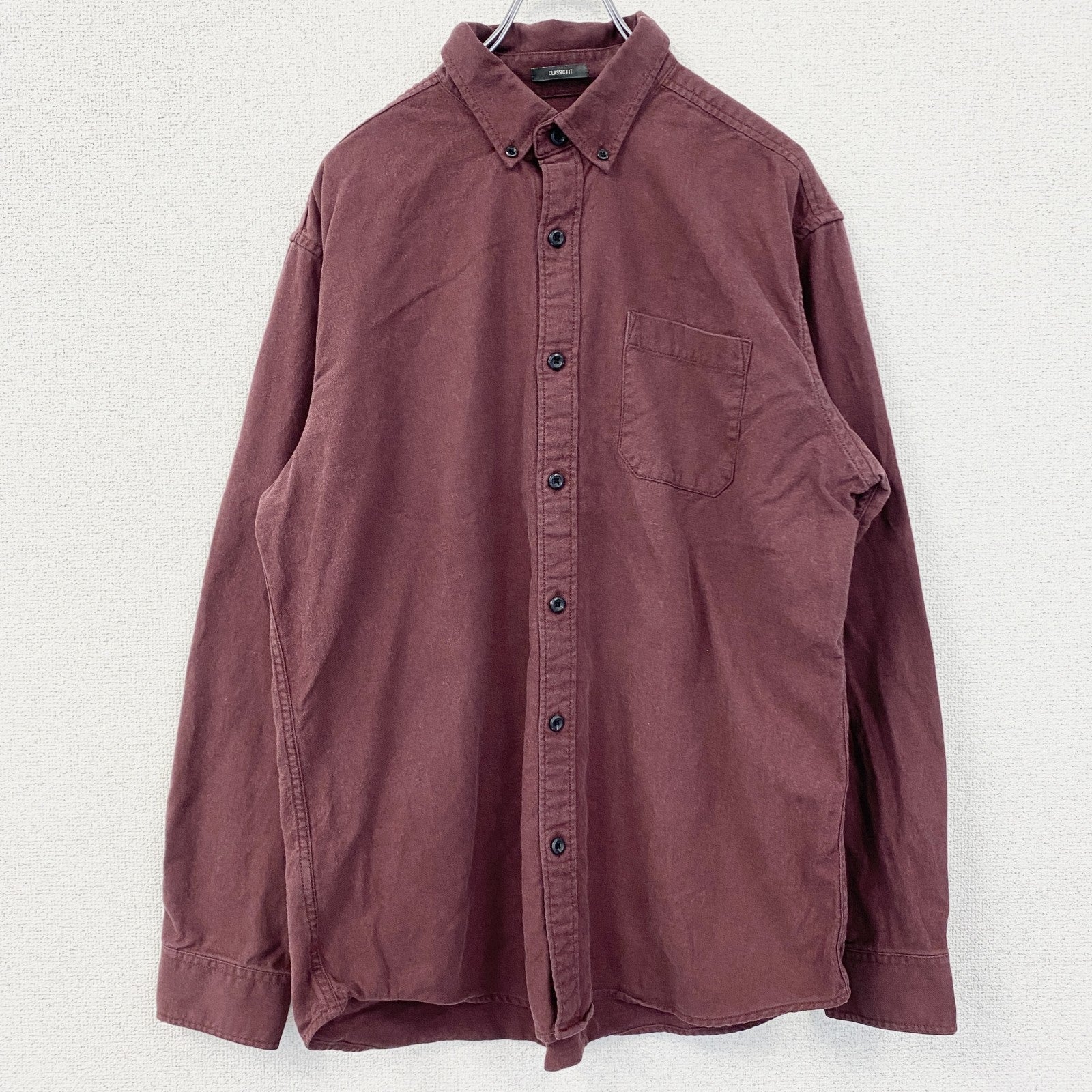 古着 used　Eddie Bauer　エディーバウアー　長袖襟付き無地シャツ　胸ポケット　ワインレッド　Lサイズ