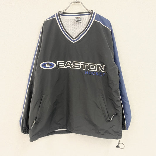 ～90s　EASTON　ナイロンプルオーバージャケット　Vネック　刺繍ロゴ　ワッペン　ヴィンテージ　黒　ブラック　Lサイズ