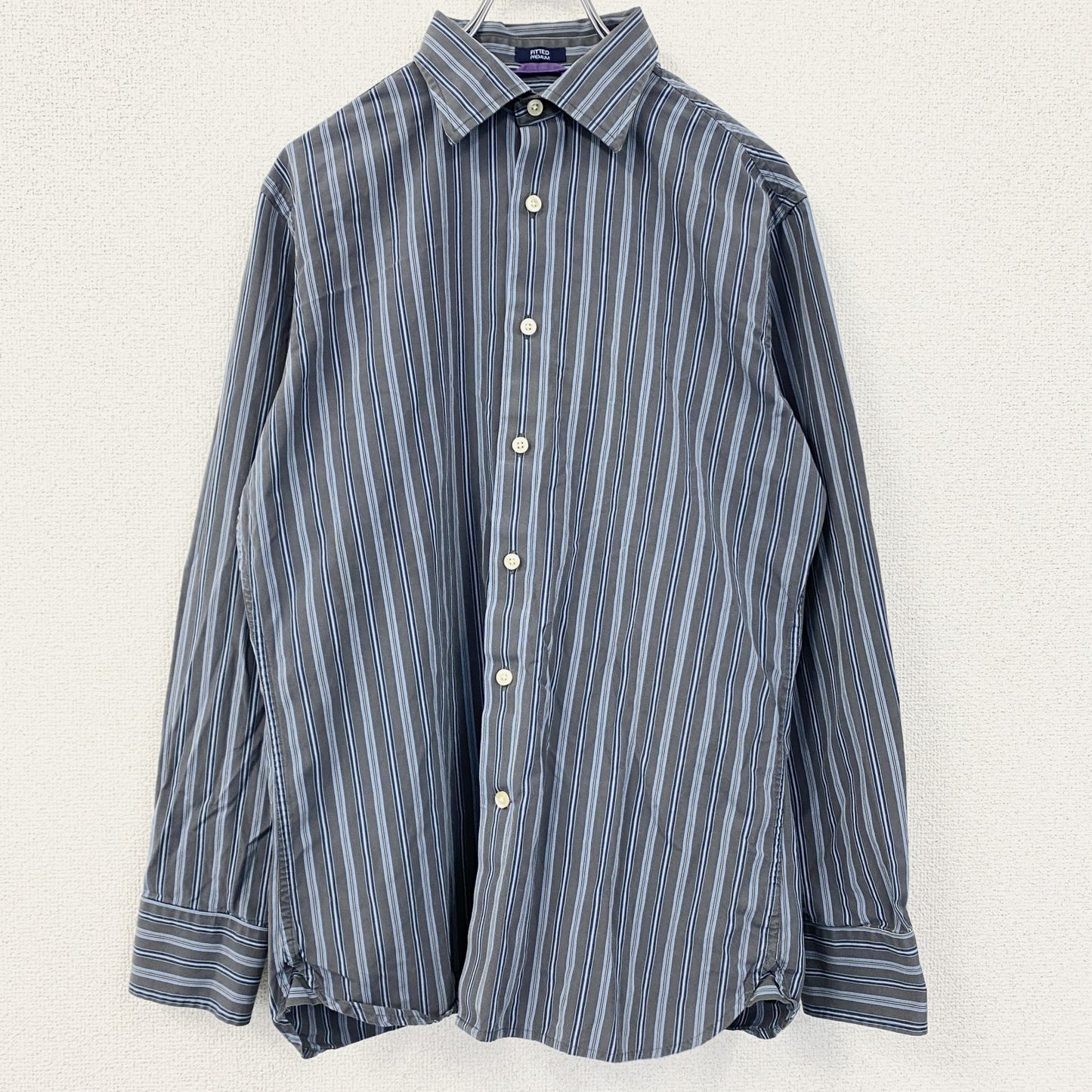 古着 used　GAP　ギャップ　長袖襟付きストライプ柄シャツ　マルチカラー　ネイビー　グレー　黄色　秋冬服　レトロデザイン