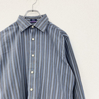 古着 used　GAP　ギャップ　長袖襟付きストライプ柄シャツ　マルチカラー　ネイビー　グレー　黄色　秋冬服　レトロデザイン