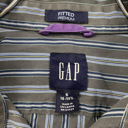 古着 used　GAP　ギャップ　長袖襟付きストライプ柄シャツ　マルチカラー　ネイビー　グレー　黄色　秋冬服　レトロデザイン
