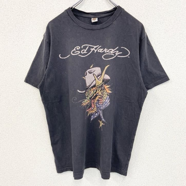 古着 used　Ed Hardy エドハーディー　半袖デザインプリントTシャツ　ドラゴン　ダークグレー　クルーネック　Lサイズ