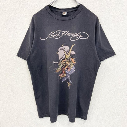 古着 used　Ed Hardy エドハーディー　半袖デザインプリントTシャツ　ドラゴン　ダークグレー　クルーネック　Lサイズ