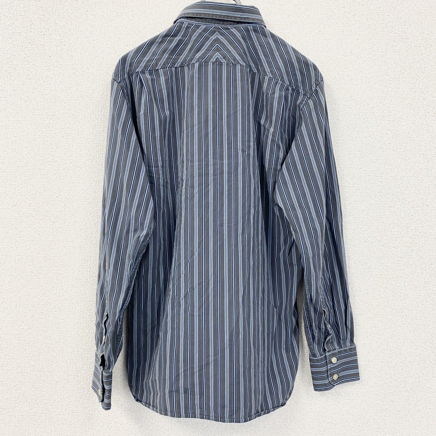 古着 used　GAP　ギャップ　長袖襟付きストライプ柄シャツ　マルチカラー　ネイビー　グレー　黄色　秋冬服　レトロデザイン