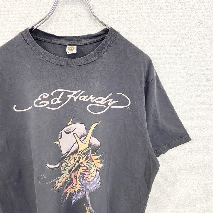 古着 used　Ed Hardy エドハーディー　半袖デザインプリントTシャツ　ドラゴン　ダークグレー　クルーネック　Lサイズ