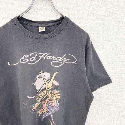 古着 used　Ed Hardy エドハーディー　半袖デザインプリントTシャツ　ドラゴン　ダークグレー　クルーネック　Lサイズ
