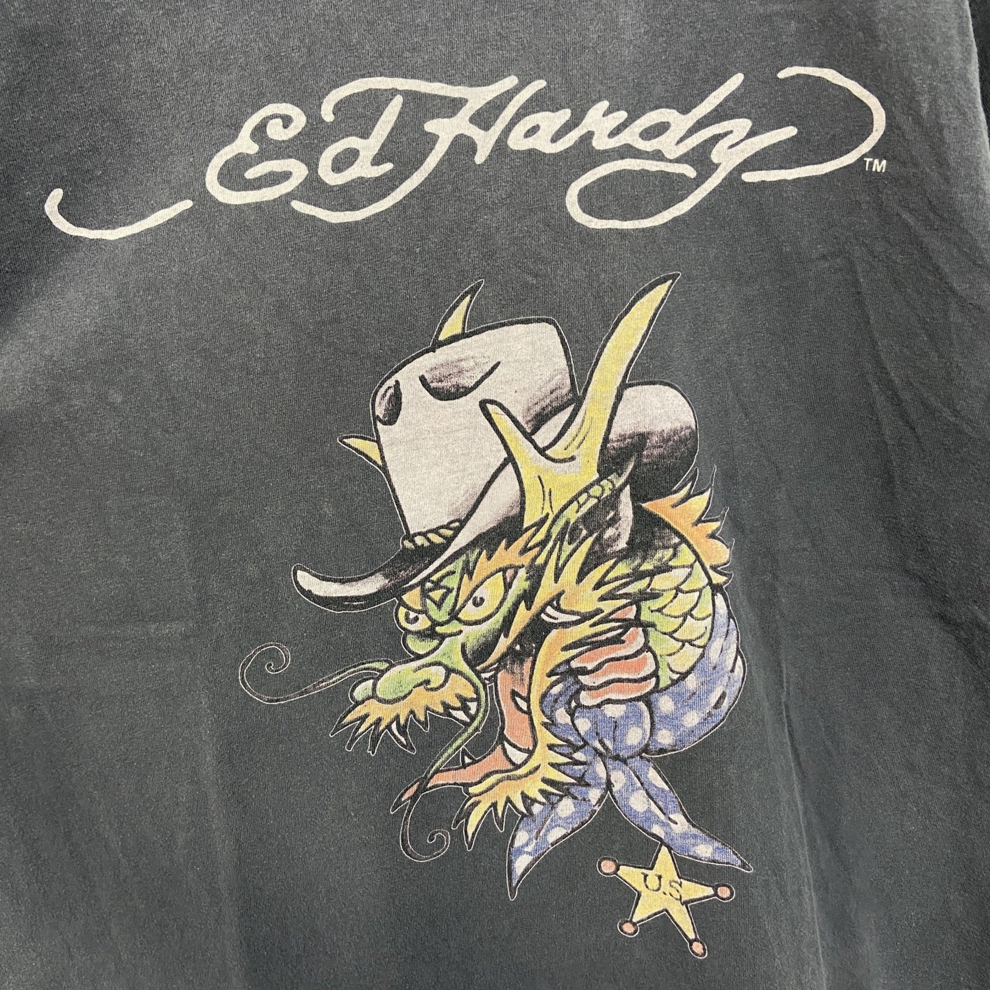 古着 used　Ed Hardy エドハーディー　半袖デザインプリントTシャツ　ドラゴン　ダークグレー　クルーネック　Lサイズ