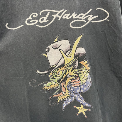 古着 used　Ed Hardy エドハーディー　半袖デザインプリントTシャツ　ドラゴン　ダークグレー　クルーネック　Lサイズ