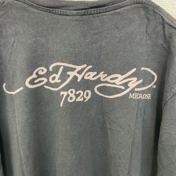 古着 used　Ed Hardy エドハーディー　半袖デザインプリントTシャツ　ドラゴン　ダークグレー　クルーネック　Lサイズ