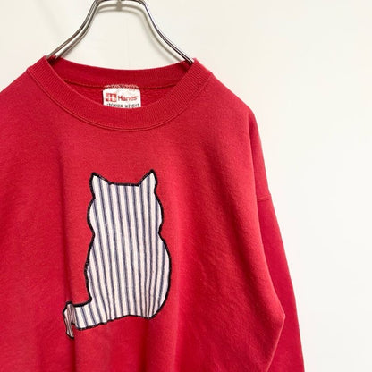 古着 used　Hanes ヘインズ　90s　長袖デザインスウェット　トレーナー　猫　ワッペン　赤　レッド　ヴィンテージ　Lサイズ
