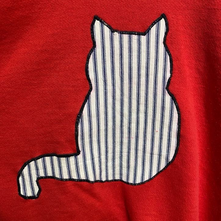古着 used　Hanes ヘインズ　90s　長袖デザインスウェット　トレーナー　猫　ワッペン　赤　レッド　ヴィンテージ　Lサイズ