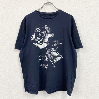 半袖プリントイラストTシャツ　バラ　花柄　英字プリント　紺　ネイビー　XLサイズ