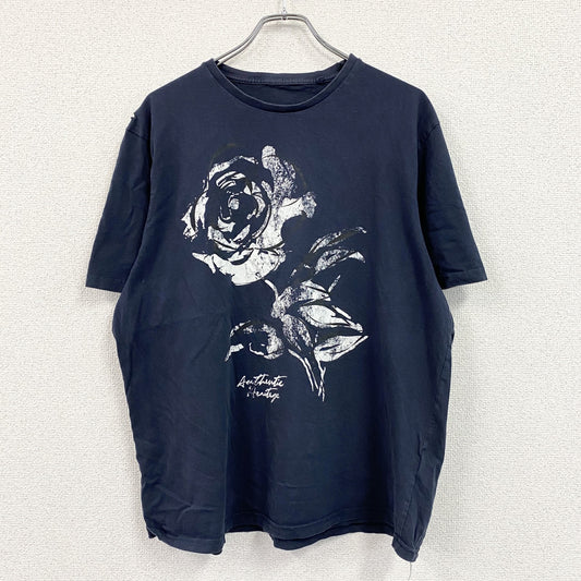 半袖プリントイラストTシャツ　バラ　花柄　英字プリント　紺　ネイビー　XLサイズ