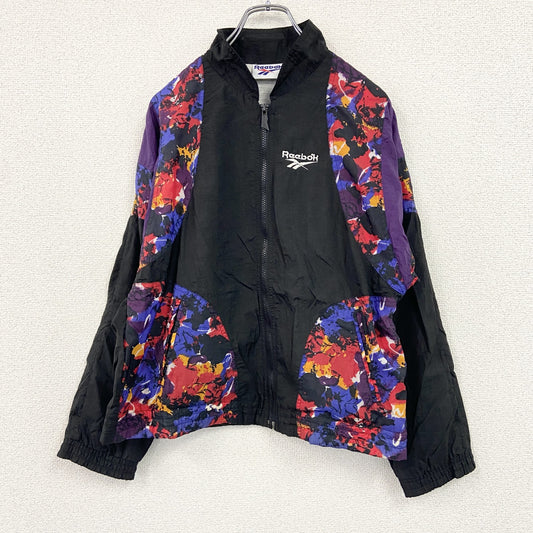 ～00s　Reebok　リーボック　フルジップナイロンジャケット　刺繍ロゴ　総柄　ヴィンテージ　黒　ブラック　Mサイズ