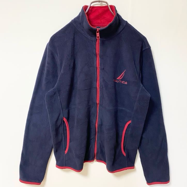 古着 used　NAUTICA ノーティカ　長袖ジップアップフリースジャケット　ワンポイント刺繍　ハイネック　ネイビー　XSサイズ