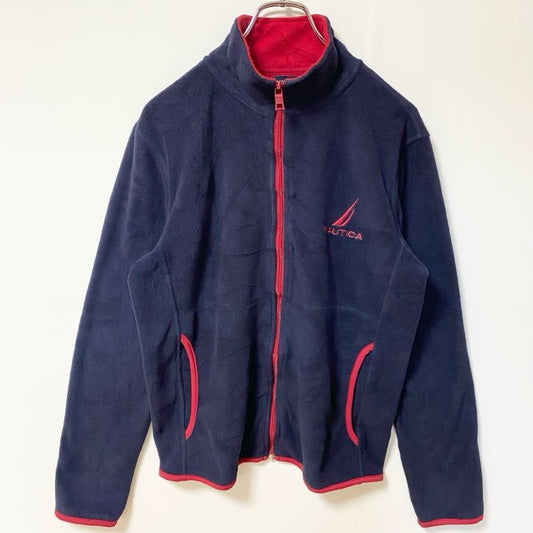古着 used　NAUTICA ノーティカ　長袖ジップアップフリースジャケット　ワンポイント刺繍　ハイネック　ネイビー　XSサイズ